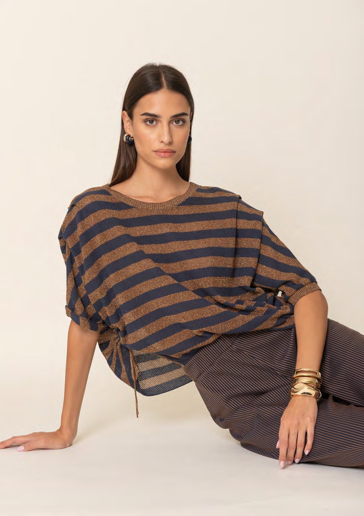 Maglia riga rete caramello