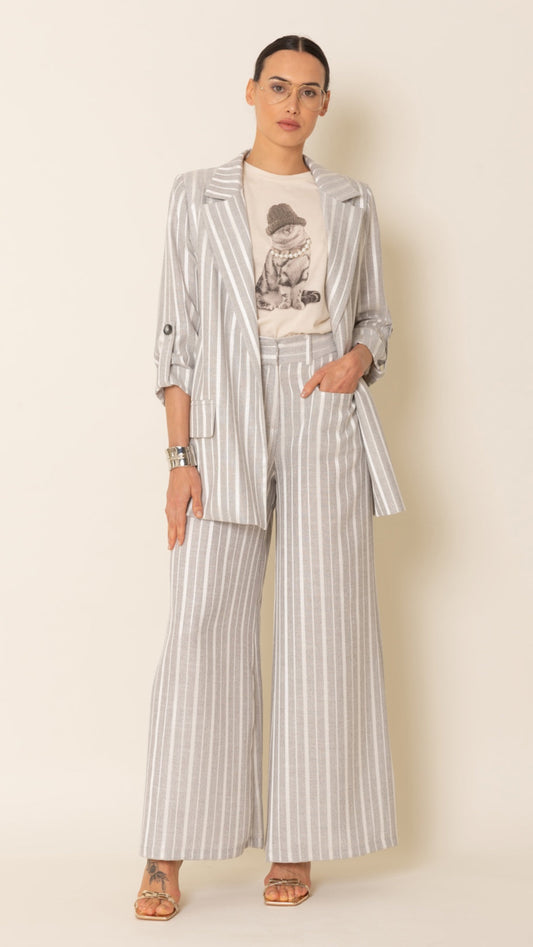 Pantalone a palazzo gessato grigio bianco