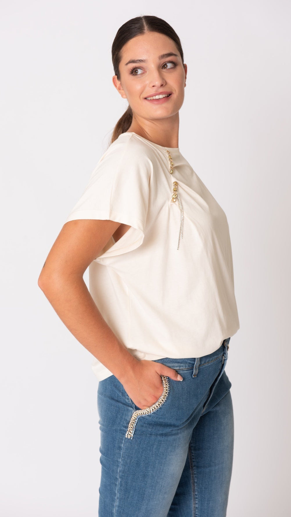 T-shirt con pietre e strass in cotone - Curvy