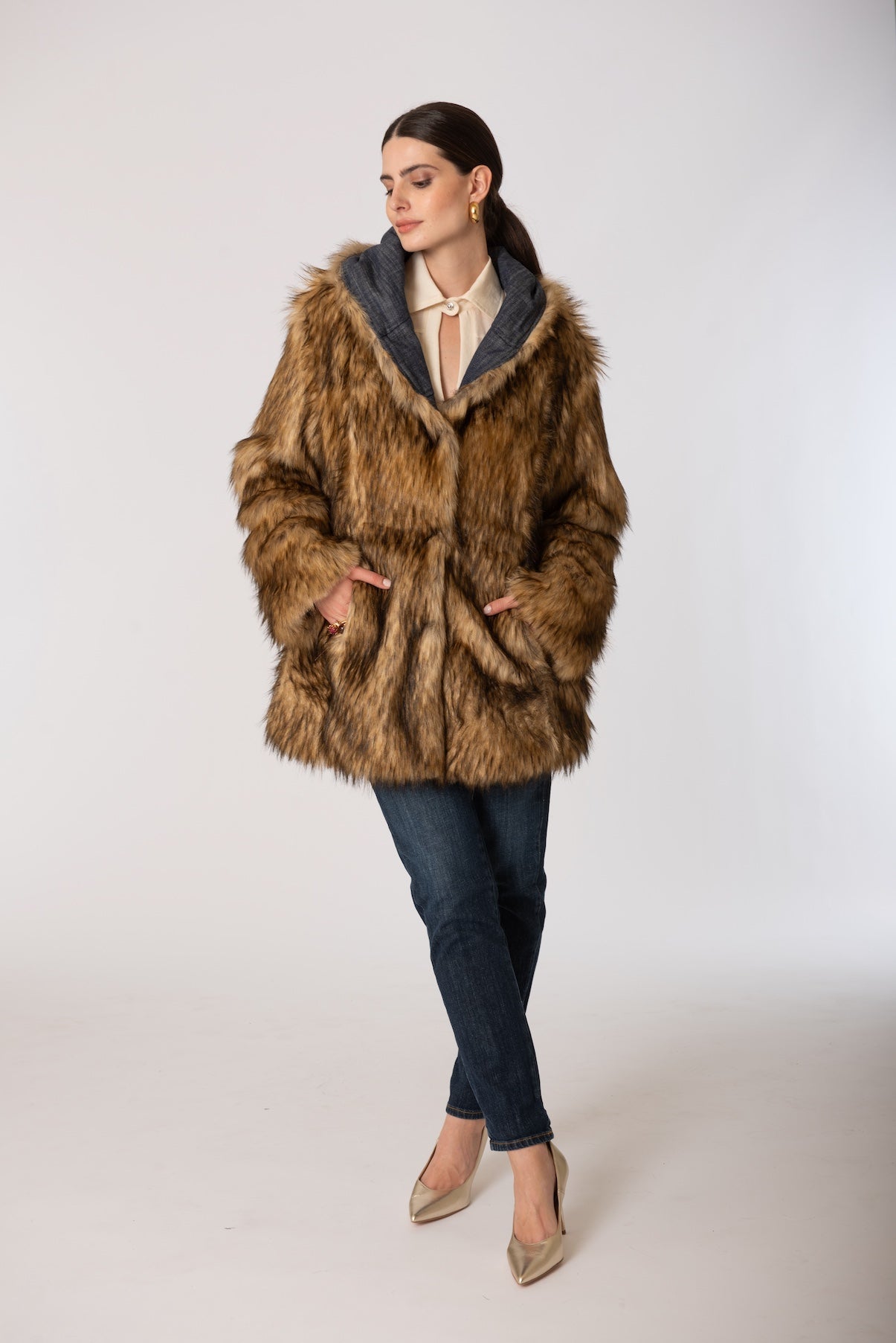 Giacca reversibile denim con ecopelliccia