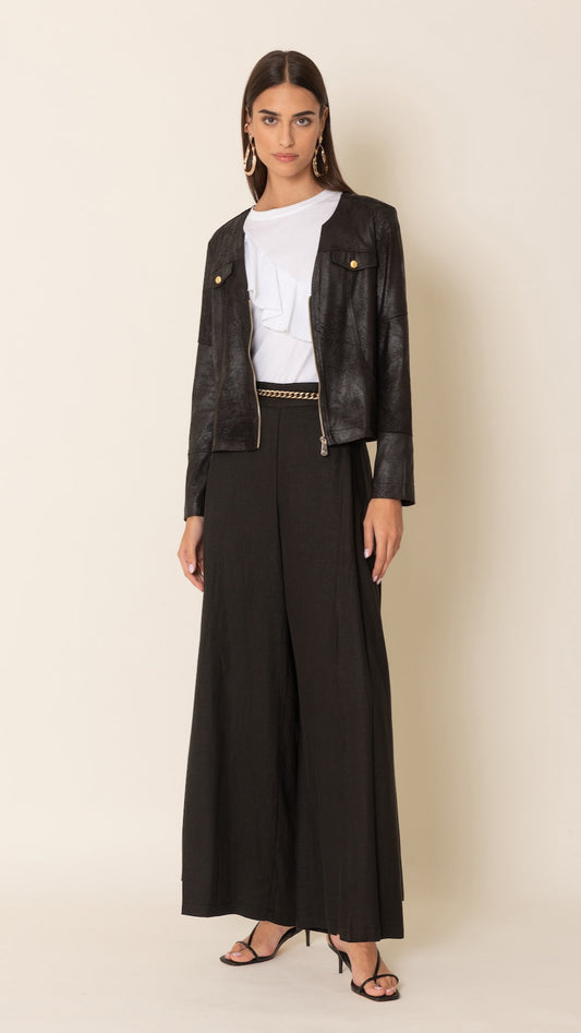 Pantalone nero a palazzo in lino e viscosa