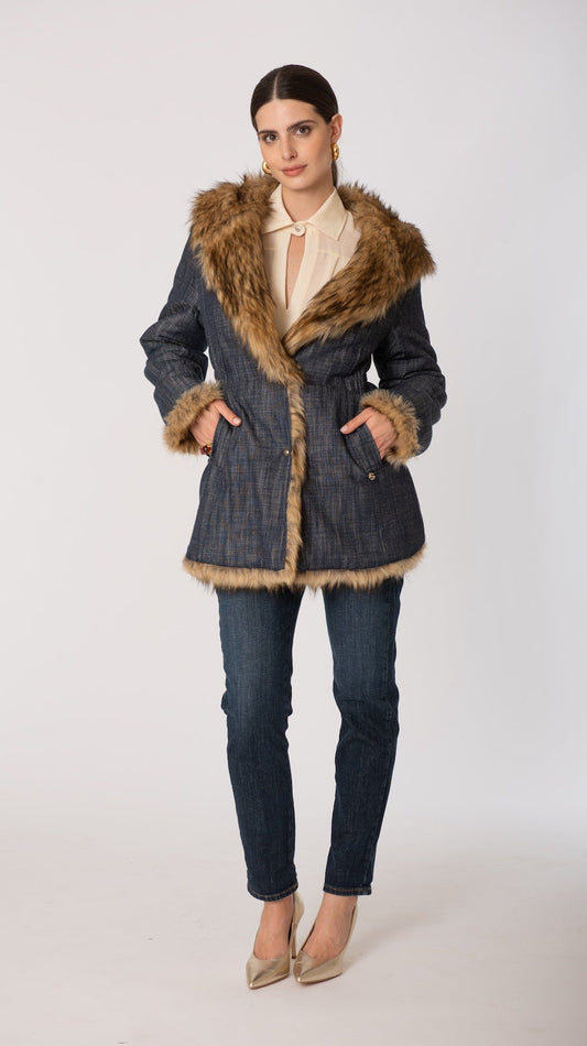 Giacca reversibile denim con ecopelliccia